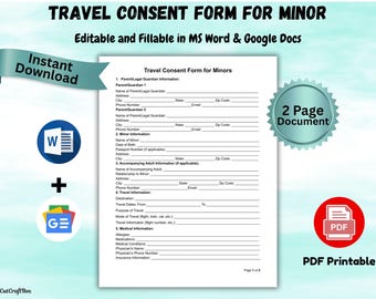 Minor Travel Consent Form Template: Editable PDF, Word (Digital Download)