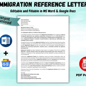Plantilla de carta de referencia de inmigración editable Carta de referencia de carácter Carta de carácter Carta de recomendación Carta de apoyo MS Word y PDF