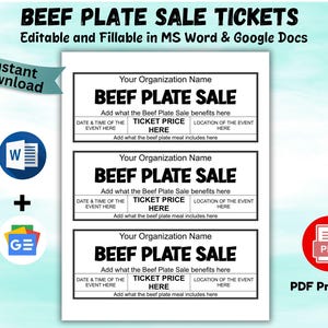 Editable Beef Plate Sale Tickets Beef Plate Sale Fundraiser Tickets Beef Plate Sale Ticket Printable Ticket Beef Sale Tickets  MS Word & PDF