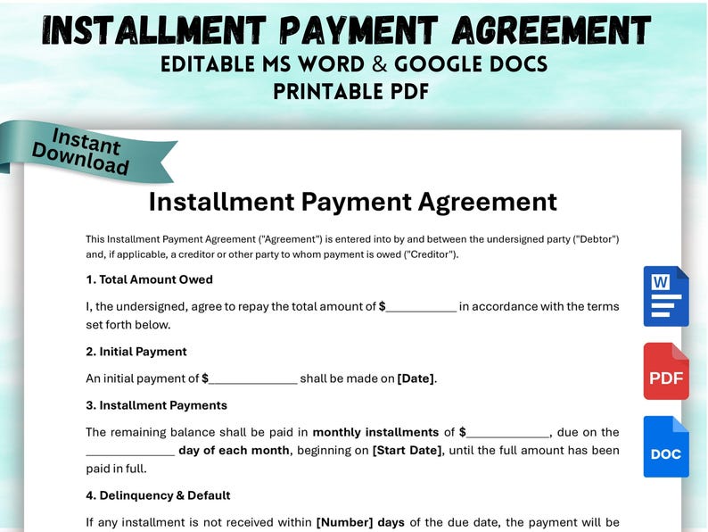 Installment Payment Agreement Template: Editable Loan Contract (digital ...