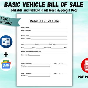 Vehicle Bill of Sale Simple Motor Vehicle Sale Contract Car Vehicle Bill of Sale Template Editable Google Docs WORD PDF Instant Download