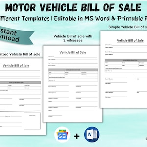 Puede incluir: Un gráfico de descarga digital con el texto "MOTOR VEHICLE BILL OF SALE" y "3 Different Templates | Editable in MS Word & Printable PDF". La imagen muestra tres plantillas diferentes de contrato de compraventa de vehículos, incluida una versión notariada. Una pancarta turquesa dice "Descarga instantánea".