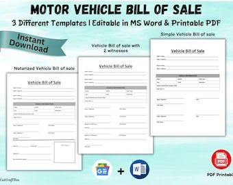 Puede incluir: Un gráfico de descarga digital con el texto "MOTOR VEHICLE BILL OF SALE" y "3 Different Templates | Editable in MS Word & Printable PDF". La imagen muestra tres plantillas diferentes de contrato de compraventa de vehículos, incluida una versión notariada. Una pancarta turquesa dice "Descarga instantánea".