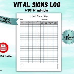 Printable Vital Signs Log Sheet Daily Vital Sign Nursing Vital Log Sheet Blood Sugar Blood Pressure Log Caregiver tracker Vital Signs Record