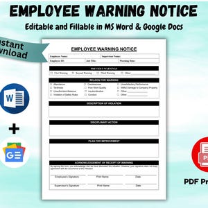 Employee Warning Notice Template Editable Disciplinary Form Employee Performance Discipline Form Employee Write Up PDF, WORD, & Google Docs