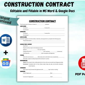 Op de afbeelding: Een afdrukbare bouwcontract sjabloon, bewerkbaar in MS Word en Google Docs. Het document bevat secties voor klant, aannemer, scope van werk en betalingsdetails. Met een PDF-pictogram en de tekst "Direct downloaden."