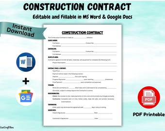Editable Construction Contract Agreement Template Construction Agreement Form, Printable General Construction work contract PDF & MS Word
