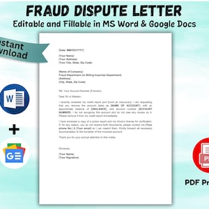 Peut inclure: Modèle de lettre de contestation de fraude imprimable, modifiable dans MS Word et Google Docs. Le document comprend des champs pour les informations personnelles et de compte, avec une demande de suppression d'un compte inexact. Avec icône PDF et bannière "Téléchargement instantané".