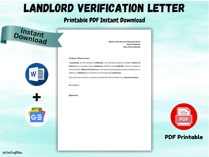 Landlord Rent Verification Letter Template Editable Rental Proof