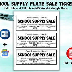 Editable School Supply Plate Sale Ticket School Supply Sale Fundraiser Ticket School Supply Plate Sale Ticket Printable Ticket Template