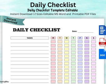 Lista de verificação diária editável em 2 cores diferentes Hábitos semanais Tarefas diárias Lista de tarefas diárias semanais Lista de verificação Rastreador de rotina diária Word e PDF