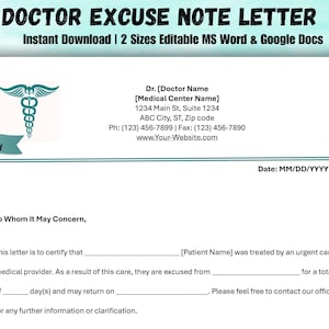 Puede incluir: Una plantilla digital de nota de excusa médica con el texto "DOCTOR EXCUSE NOTE LETTER" y "Descarga instantánea". El documento incluye campos para la información del médico y del paciente, y una sección para certificar la atención médica. Incluye formatos MS Word y Google Docs.