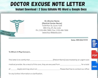 May include: A digital doctor's excuse note template with the text "DOCTOR EXCUSE NOTE LETTER" and "Instant Download." The document includes fields for doctor and patient information, and a section to certify medical care. Includes MS Word and Google Docs formats.