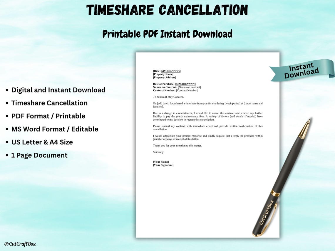 Timeshare Cancellation Letter Template: Editable MS Word & PDF (digital ...