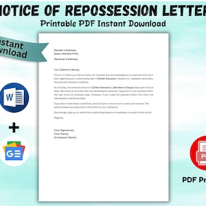 Editable Repossession Notice Letter Template: Car, Vehicle, Equipment (Digital Download)