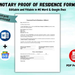 Puede incluir: Un formulario de prueba de residencia notarial imprimible, editable en MS Word y Google Docs. El documento incluye secciones para la dirección, firmas y reconocimiento notarial. Presenta una pancarta turquesa con el texto "Descarga instantánea".