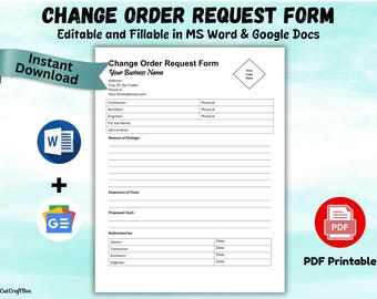Change Order Request Form Template: Construction Project Management (Digital Download)