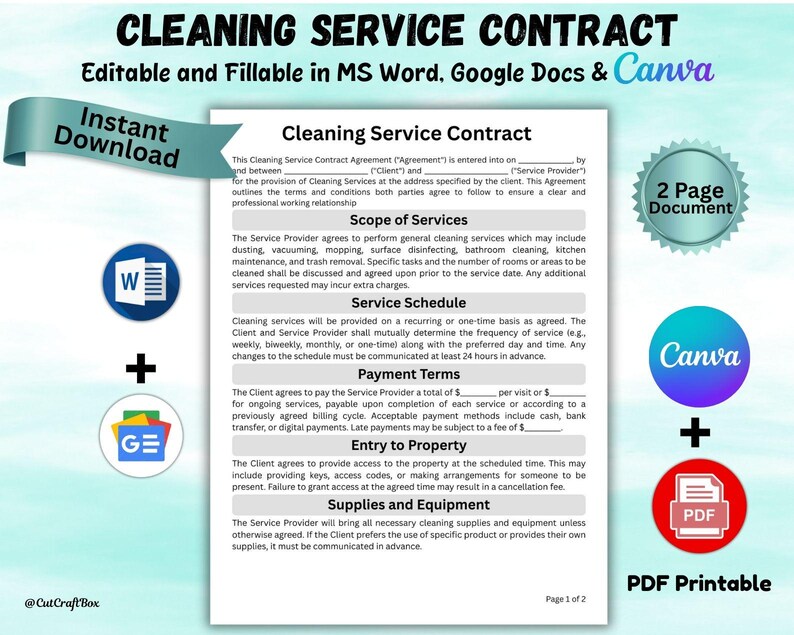 Cleaning Service Contract Template: Editable Business Form (canva, Word ...