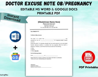 Doctor Excuse Note OB Pregnancy Template | Obstetrician Medical Letter | Editable Word Google Docs PDF | Work & School Excuse | US Letter A4