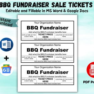 BBQ Fundraiser Ticket  Fundraiser Ticket Editable Bbq Fundraiser meal Ticket Printable BBQ Fundraiser Customizable Template Ms Word & PDF