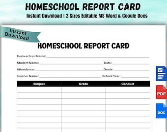 Editable Homeschool Report Card Template: 6 Colors (Word, Google Doc, PDF)