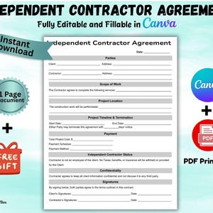 以下が含まれることがあります： 「Independent Contractor Agreement」と「Fully Editable and Fillable in Canva」のテキストが入った、印刷可能な独立請負業者契約テンプレート。「1 Page Document」バッジ、「Free Gift」グラフィック、CanvaとPDFのアイコンが含まれています。