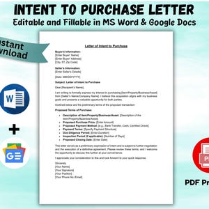 Può includere: Un modello stampabile di "Lettera di intenti di acquisto", modificabile in MS Word e Google Docs. Il documento include sezioni per le informazioni dell'acquirente e del venditore, i termini di acquisto e un'opzione stampabile in PDF. Un banner turchese dice "Download istantaneo".