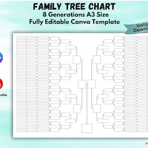 Stammbaum-Diagramm 8 Generationen Familiengeschichtsbaum Digitale Stammbaum-Karte Genealogie-Vorlage Ancestral tree Chart Bearbeitbare Canva & PDF