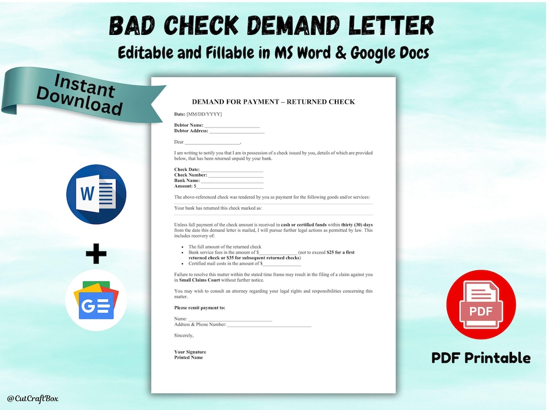 Editable Bad Check Demand Letter Demand for Payment Returned Check