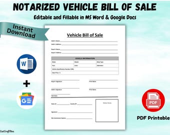 Notarized Vehicle Bill of Sale Template Motor Vehicle Bill of Sale Simple Car Sale form Editable Bill of Sale Fillable Word, Google Docs