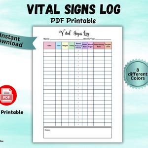 Printable Vital Signs Log Daily Vital Sign chart Nursing Vital Log Sheet Caregiver tracker Blood Sugar Blood Pressure Log Vital Signs Record