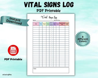 Vital Signs Log Caregiver tracker Nursing vitals sheet Printable vital sign chart Blood Sugar & Blood Pressure Log Template 8 colors PDF