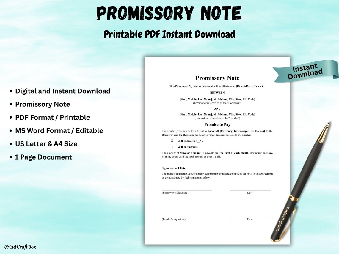 Editable Promissory Note Template: Personal Loan Agreement (digital ...