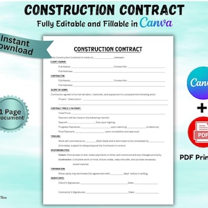Peut inclure: Un modèle de contrat de construction blanc avec du texte noir, entièrement modifiable et remplissable dans Canva. Comprend une bannière turquoise avec "Téléchargement instantané" et un badge turquoise avec "Document 1 page".