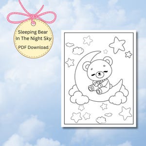 Sleeping Bear Coloring Page: Night Sky, Stars (Digital Download), Bear In Clouds, Peaceful Activity,