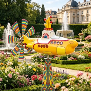 Molinillo de viento de jardín 3D con diseño de submarino amarillo, adorno de metal psicodélico y colorido para el jardín, molino de viento exterior inspirado en los Beatles.