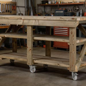 Solid Pine Workbench with Wheels and Storage, Heavy-Duty Mobile Work Table for Garage, Workshop and Outdoor DIY Projects