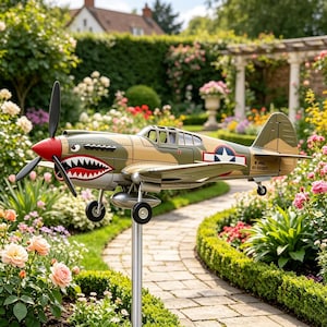Girandola da giardino 3D P-40 Warhawk, decorazione da giardino in metallo a forma di aereo vintage, girandola a vento a forma di bocca di squalo della Seconda Guerra Mondiale per decorazioni patriottiche