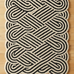 Hand-Tufted Wool Area Rug: Zig Zag Geometric Design - White & Navy