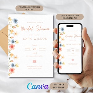 Puede incluir: Una invitación para una despedida de soltera con detalles florales y el texto "Bridal Shower" y "Sara Wilson". La invitación está disponible como tarjeta imprimible (12,7 x 17,8 cm) y versión digital para smartphone.