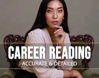 May include: A woman with long black hair and a light-colored top sits in a vintage green chair. The text "CAREER READING" is displayed in large white letters, with "ACCURATE & DETAILED" below it.