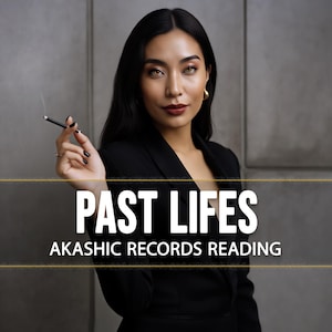 May include: A woman in a black blazer holds a cigarette. The image has the text "PAST LIVES" above "AKASHIC RECORDS READING" in white. The background is a gray wall.