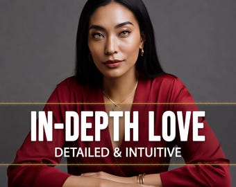 May include: A woman with long black hair and wearing a red satin top. The text "IN-DEPTH LOVE" and "DETAILED & INTUITIVE" is displayed in white letters across the image.