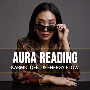 Può includere: Una persona con occhiali da sole e un blazer fantasia. L'immagine presenta il testo "AURA READING" e "KARMIC DEBT & ENERGY FLOW" in bianco. Lo sfondo è grigio.