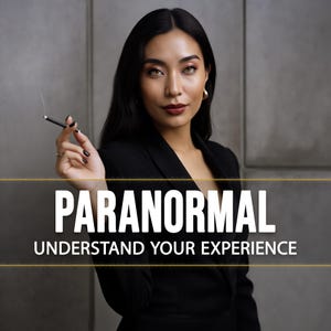 May include: A woman in a black blazer holds a cigarette. The image features the text "PARANORMAL UNDERSTAND YOUR EXPERIENCE" in white capital letters with gold horizontal lines above and below the text. The background is a gray wall.