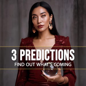 May include: A woman in a red dress holds a crystal ball. The image has the text "3 PREDICTIONS" and "FIND OUT WHAT'S COMING" in white letters. The background is a gray wall.