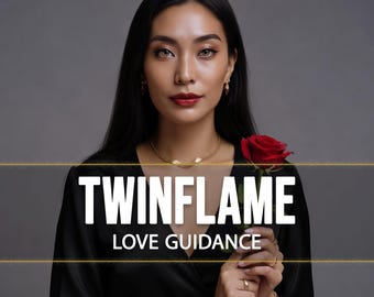 May include: A woman in a black dress holds a red rose. The image has the text "TWINFLAME LOVE GUIDANCE" in white letters. The woman has long black hair and is wearing gold jewelry. The background is a solid gray.