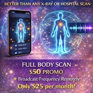 Puede incluir: Gráfico promocional de KTV Herbal Remedies con el texto "FULL BODY SCAN". La imagen incluye un smartphone que muestra un escaneo corporal, una figura humana brillante y texto que detalla los beneficios del escaneo y una promoción mensual.