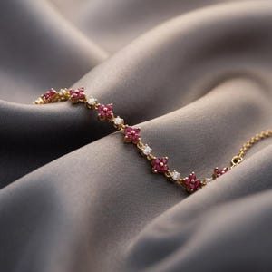 Round Pink Ruby Flower Bracelet Women 14K Yellow Plated Sterling Silver Lab Created Diamond Floral Nature Bracelet Gift For Her