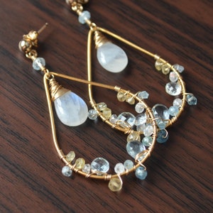 Moonstone Chandelier Earrings: Aquamarine & Gold Filled Gemstone Jewelry